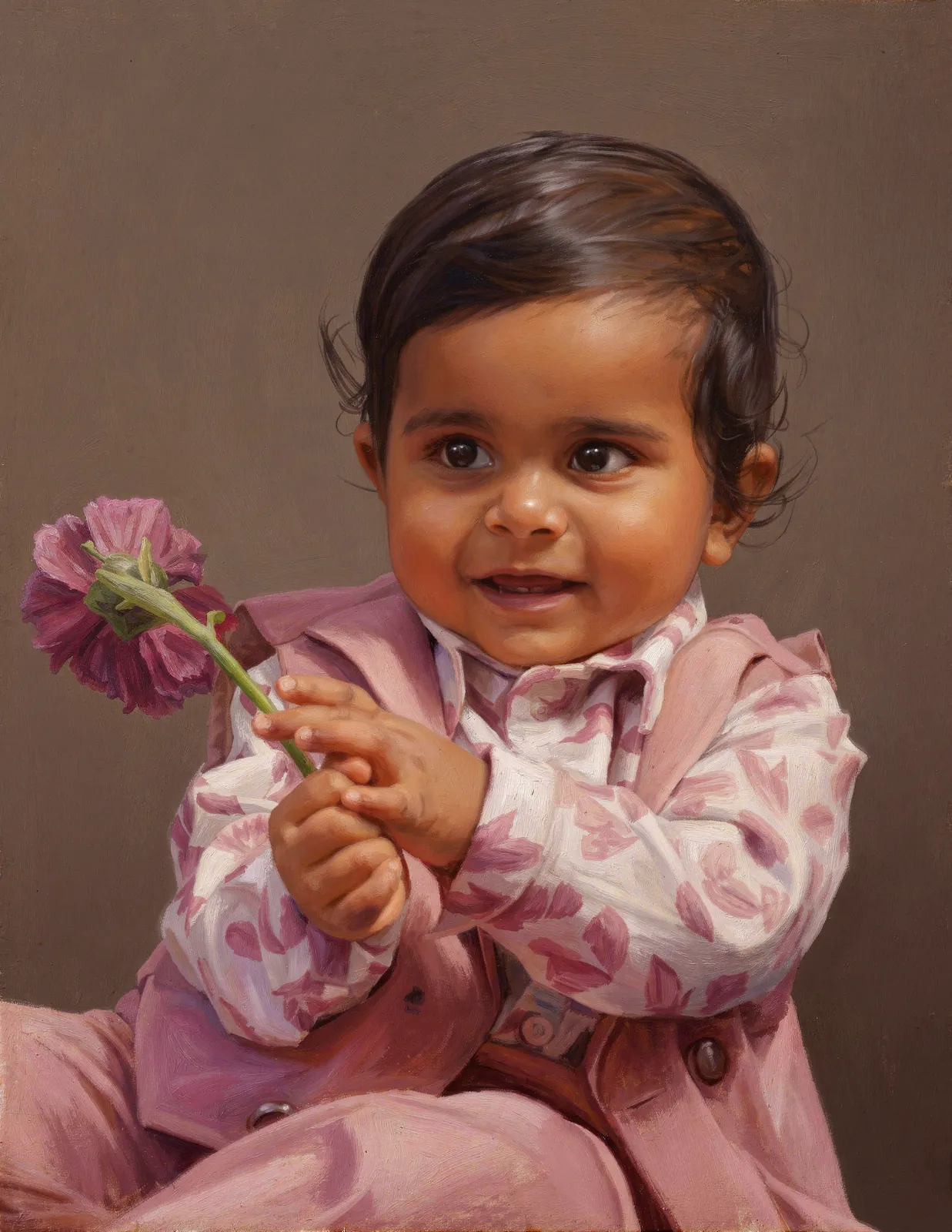 Digitally hand-painted portrait of a toddler holding a flower
