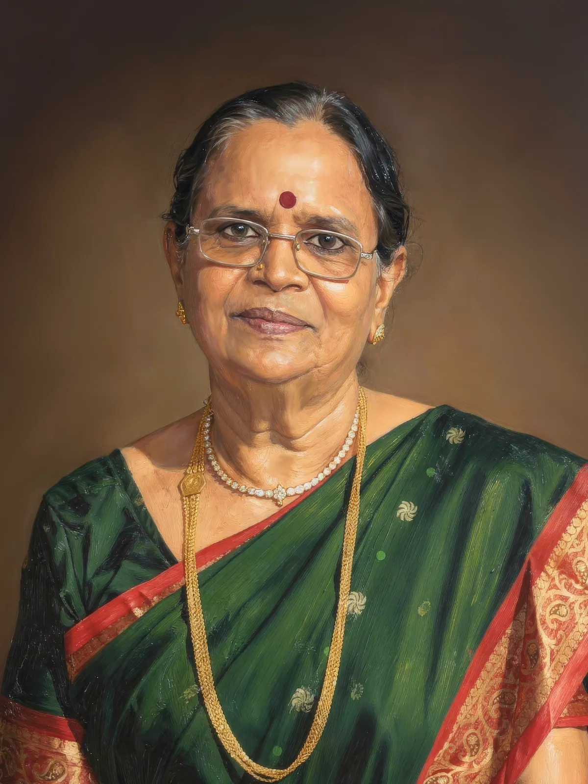 Digitally hand-painted portrait of a grandmother in a green silk saree