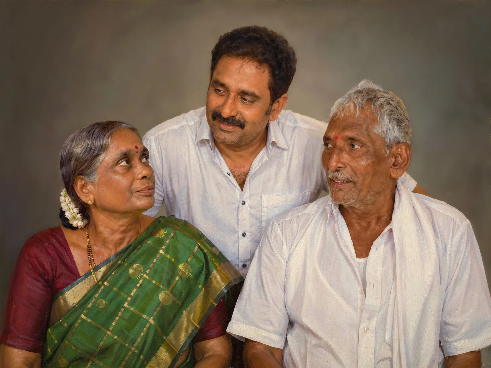 Digitally hand-painted family portrait of grandparents with their son