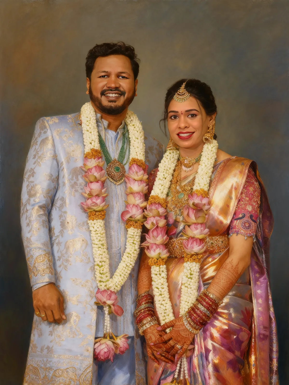 Digitally hand-painted wedding portrait of a couple wearing garlands