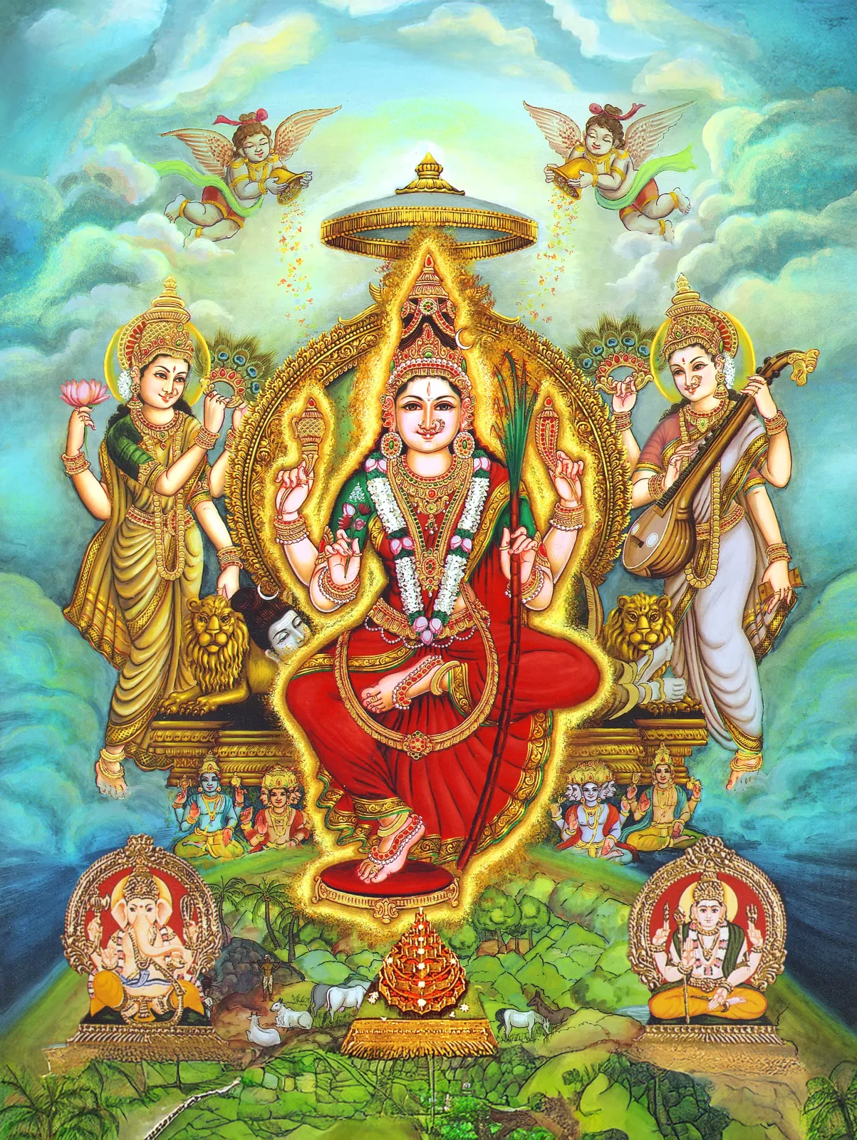 Lalitha devotional artwork with a blue sky background